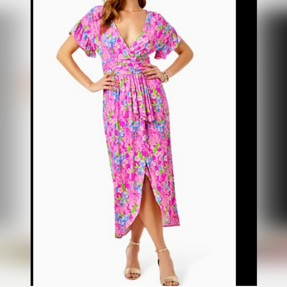 Lilly Pulitzer Floral Pink and Green Maxi Dress